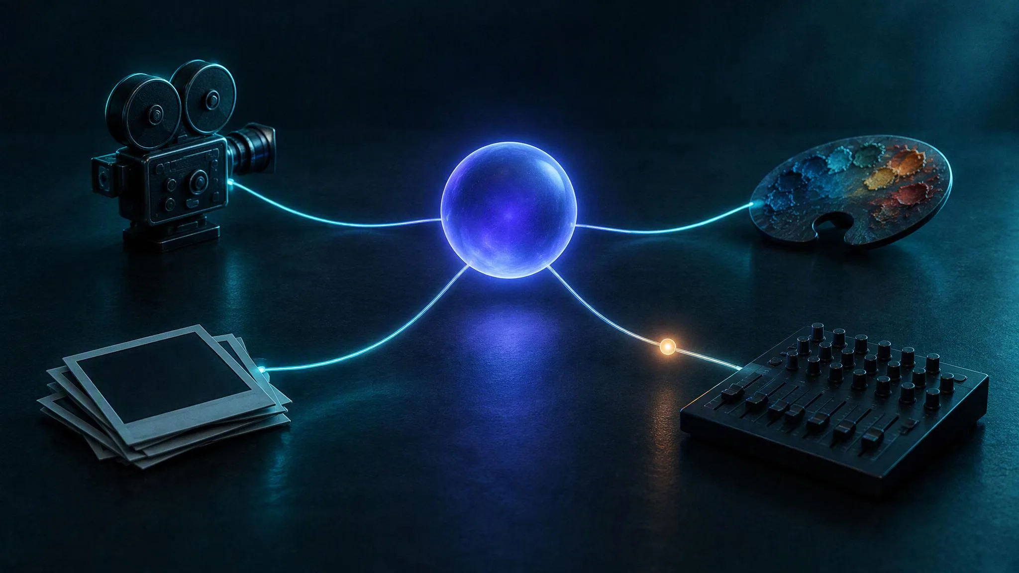 A glowing indigo sphere sends thin cables of light to a film camera, a paint palette, a stack of photo frames and a mixing desk, and a small amber bead of light waits on the cable to the mixing desk.