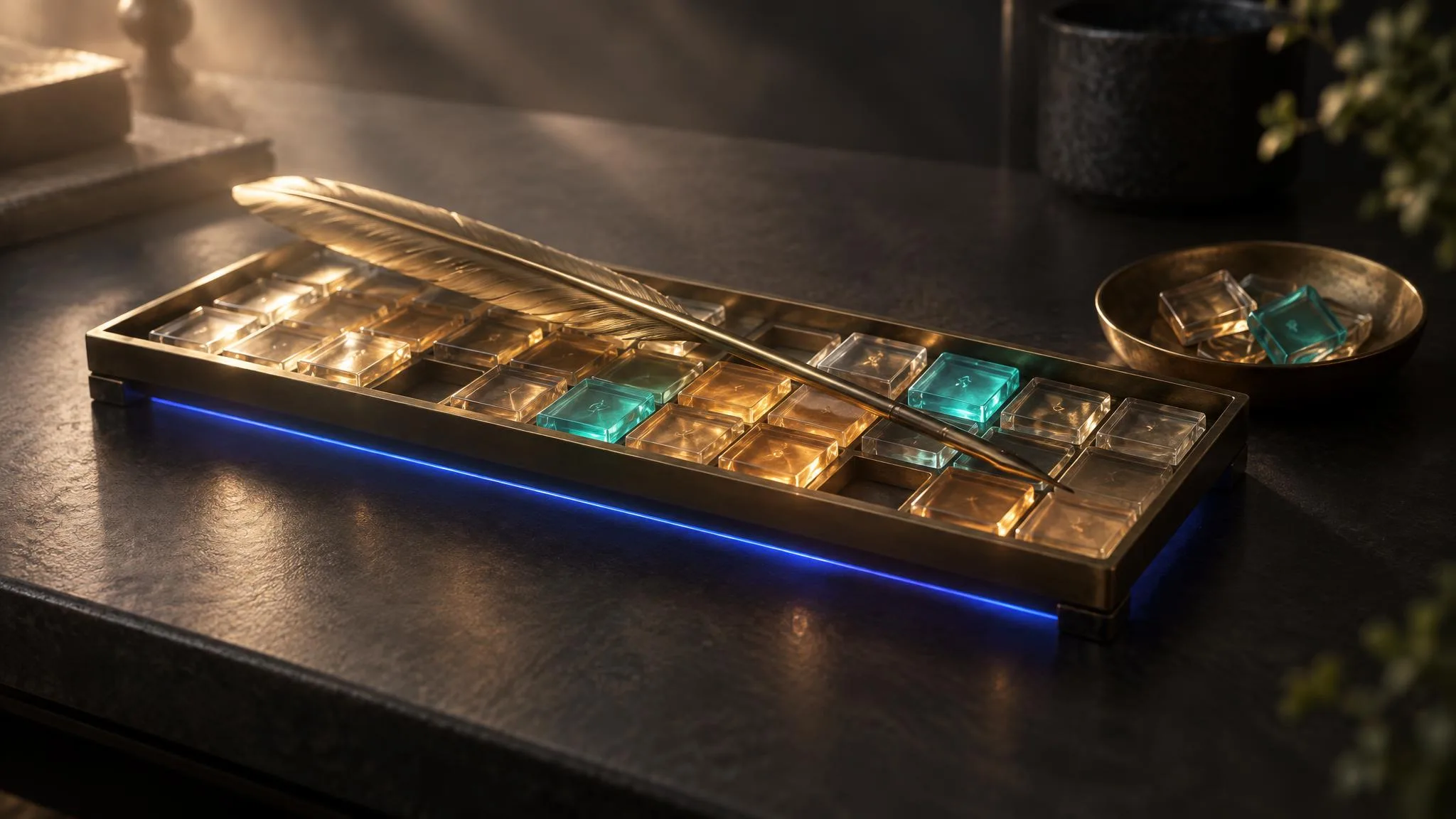A brass quill lies across a shallow tray of glass tiles on a dark desk: most tiles glow warm amber, two glow teal as if flagged, a few have been lifted out into a small dish, and an indigo line of light runs beneath the tray.