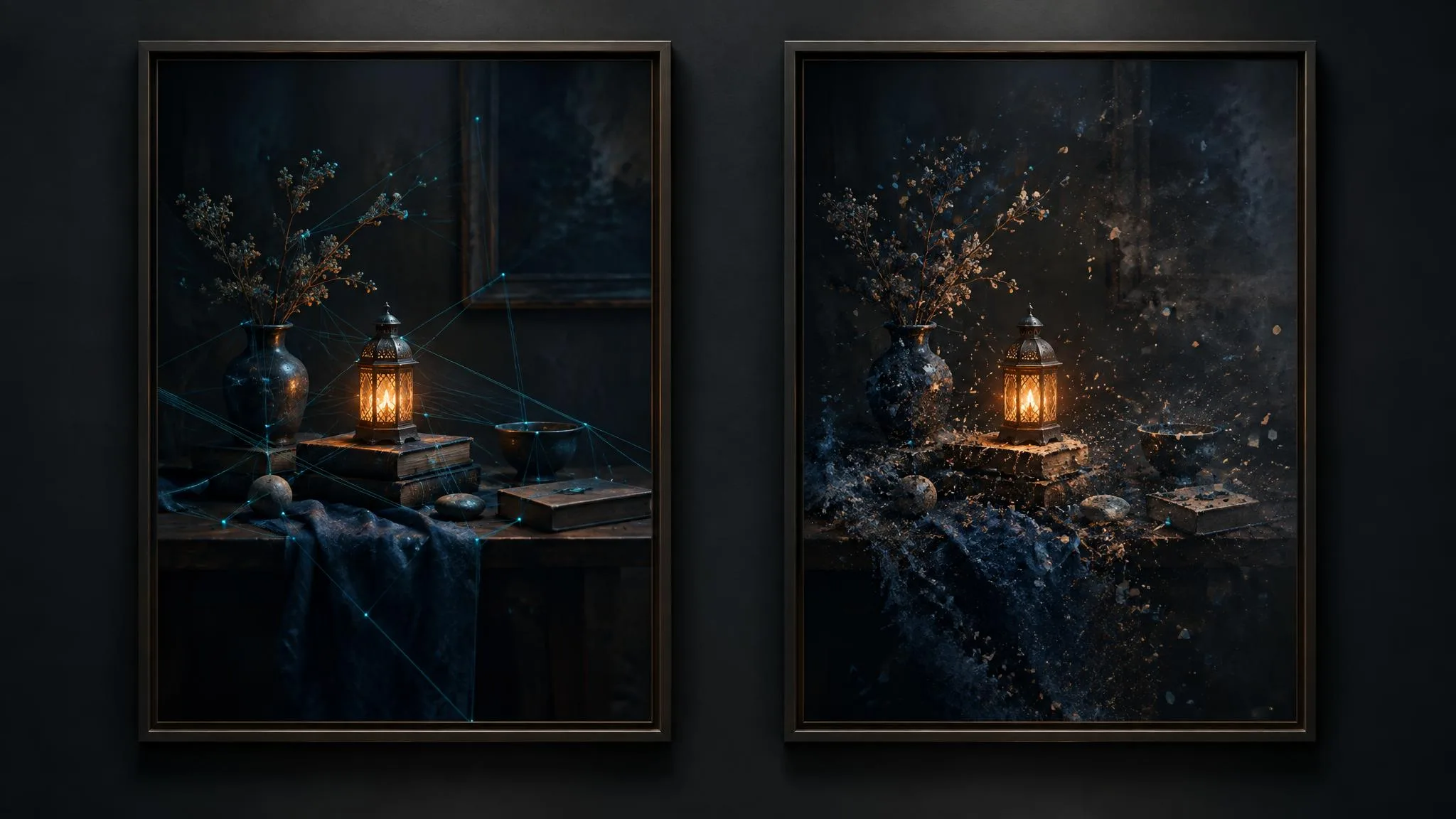 Two identical framed still lifes hang on a dark wall: in the left one a lantern glows amber while fine teal threads hold every other object in place, and in the right one the same lantern glows while the rest of the picture breaks apart into drifting particles.