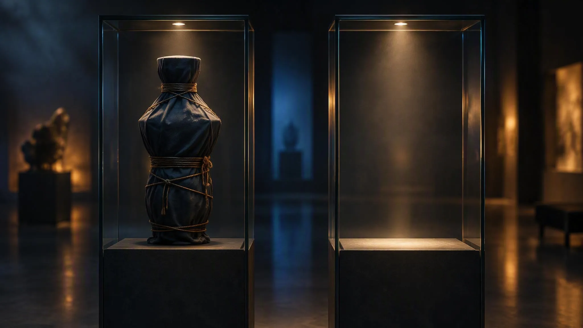 Two glass display cases in a dark gallery: the left one holds an object wrapped in cloth and bound with cord whose shape still presses clearly through the fabric, and the right one holds nothing but a bare, evenly lit plinth.