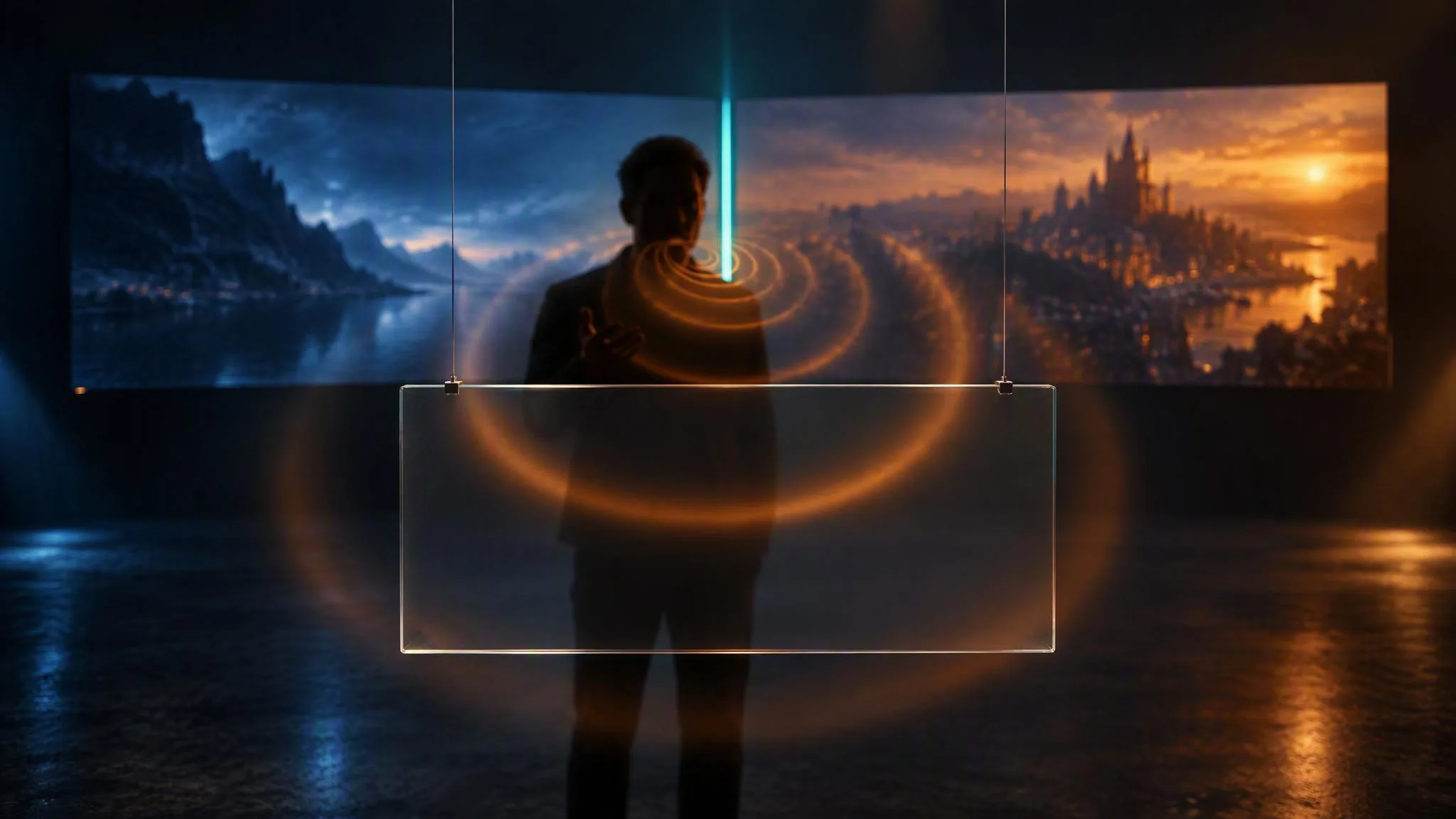 A silhouetted figure speaks in a dark set as warm rings of sound spread outward, a blank pane of glass hangs in front of them, and two widescreen frames meet behind at a bright teal seam.