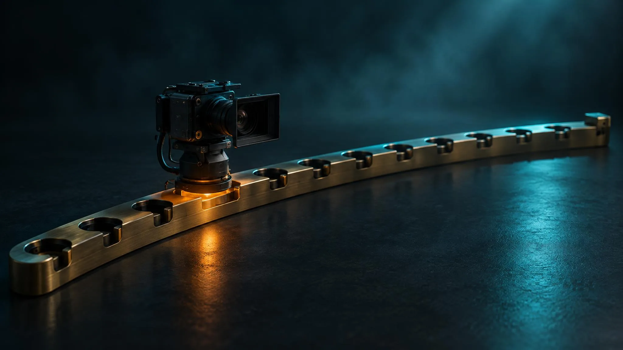 A brass rail curves across a dark floor, machined with evenly spaced notches; a small cinema camera sits clicked into one notch that glows warm amber from within, while every other notch stays dark and empty.