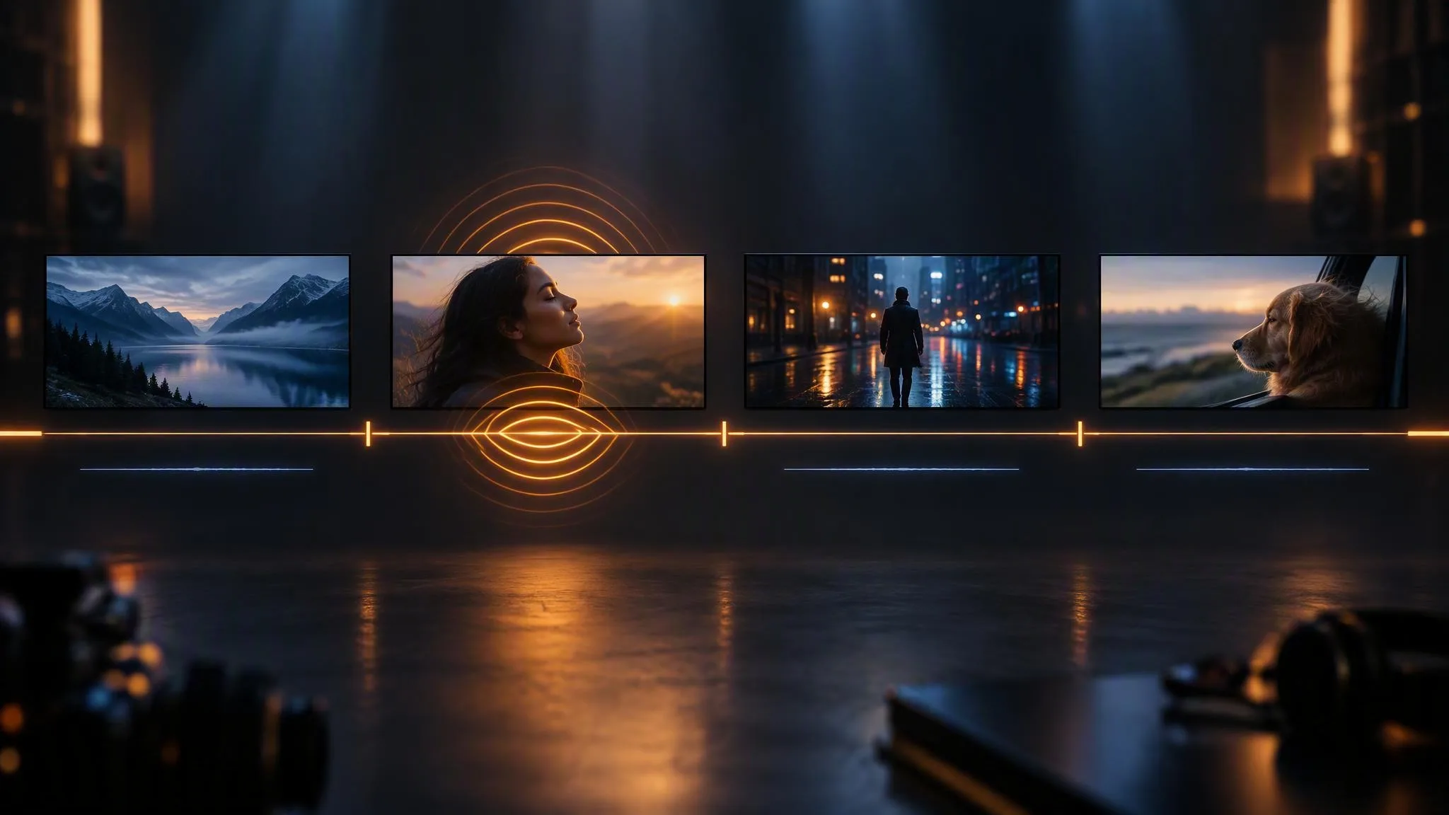 Four widescreen frames sit along a glowing timeline in a dark studio, amber tick marks between them, and warm rings of sound rise from the second frame while the others carry flat dim lines.