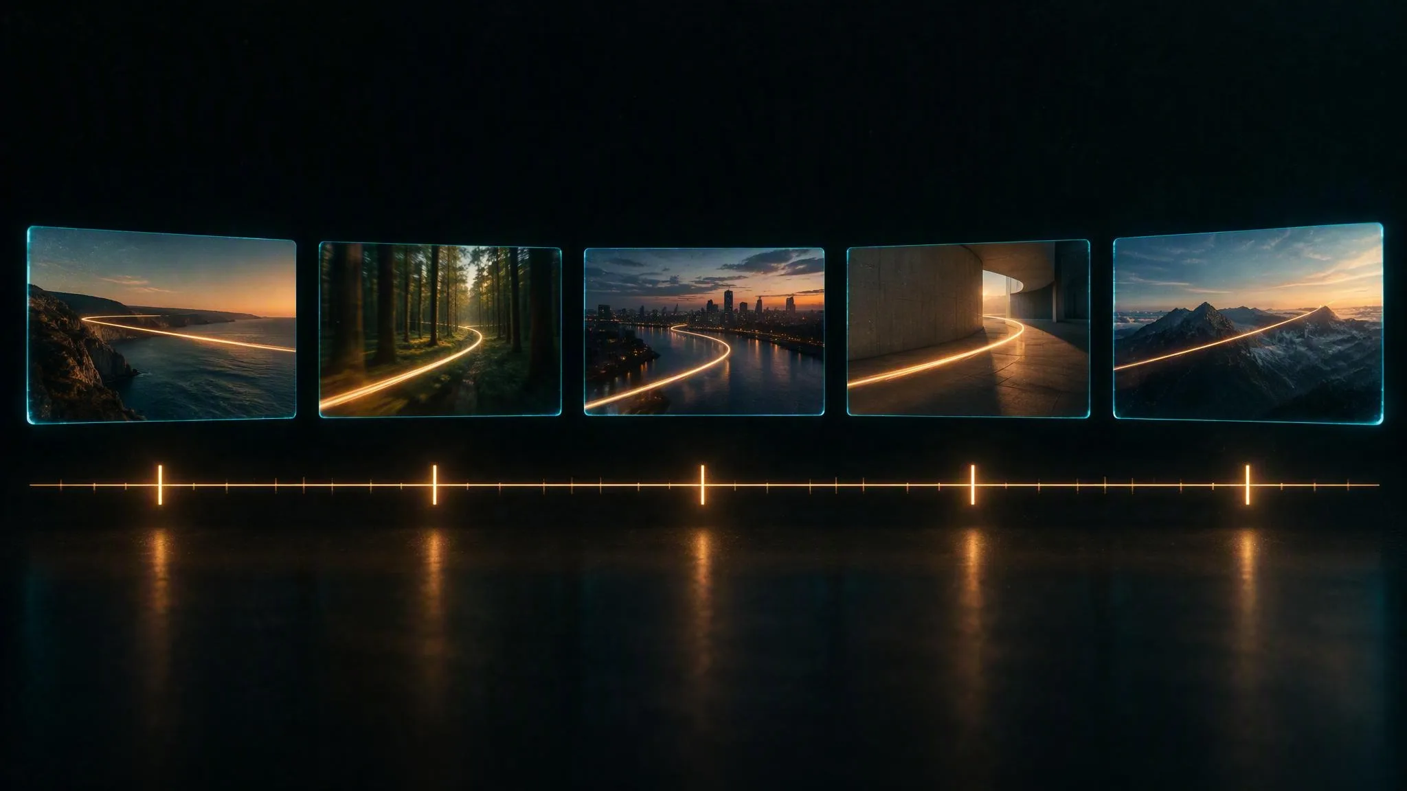 Cinco pequeños fotogramas de película en fila, cada uno con un solo trazo de luz cálida, sobre una línea de tiempo con marcas ámbar en segundos enteros.