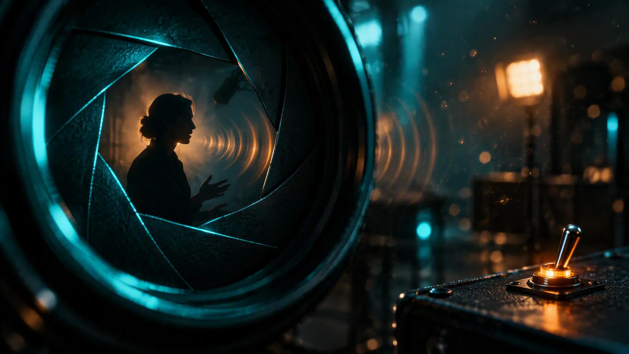 El iris de una lente de cine en primer plano encuadra una silueta que habla, con ondas de sonido cálidas expandiéndose y un interruptor ámbar encendido.
