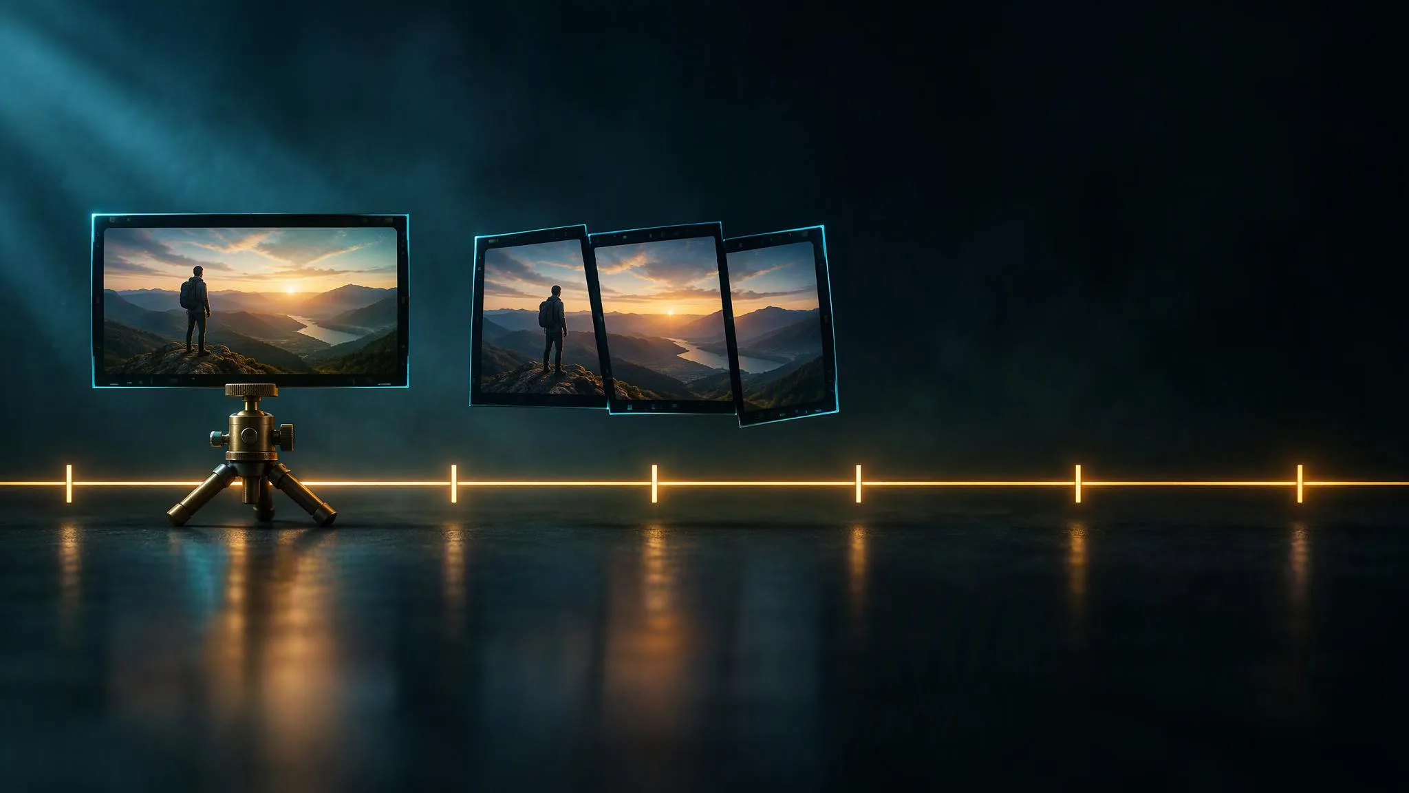 Two widescreen film frames float above a glowing amber timeline in a dark studio: the left one whole and steady on a small brass tripod head, the right one split into three misaligned slivers with nothing holding it.