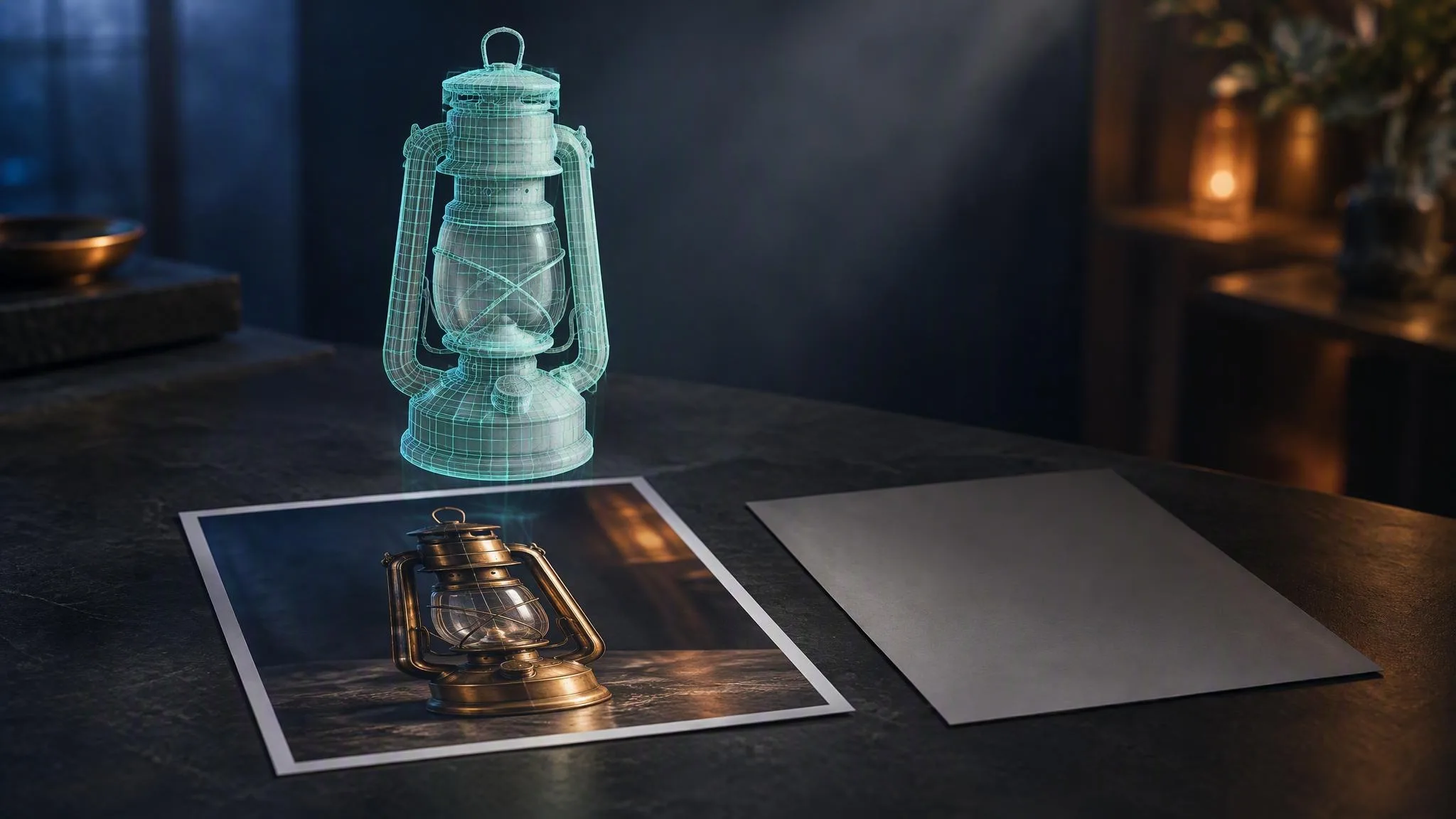 A photographic print of a brass lantern lies on a dark table, the same lantern rises above it as a pale teal wireframe form, and a second sheet of paper lies blank and unused beside them.