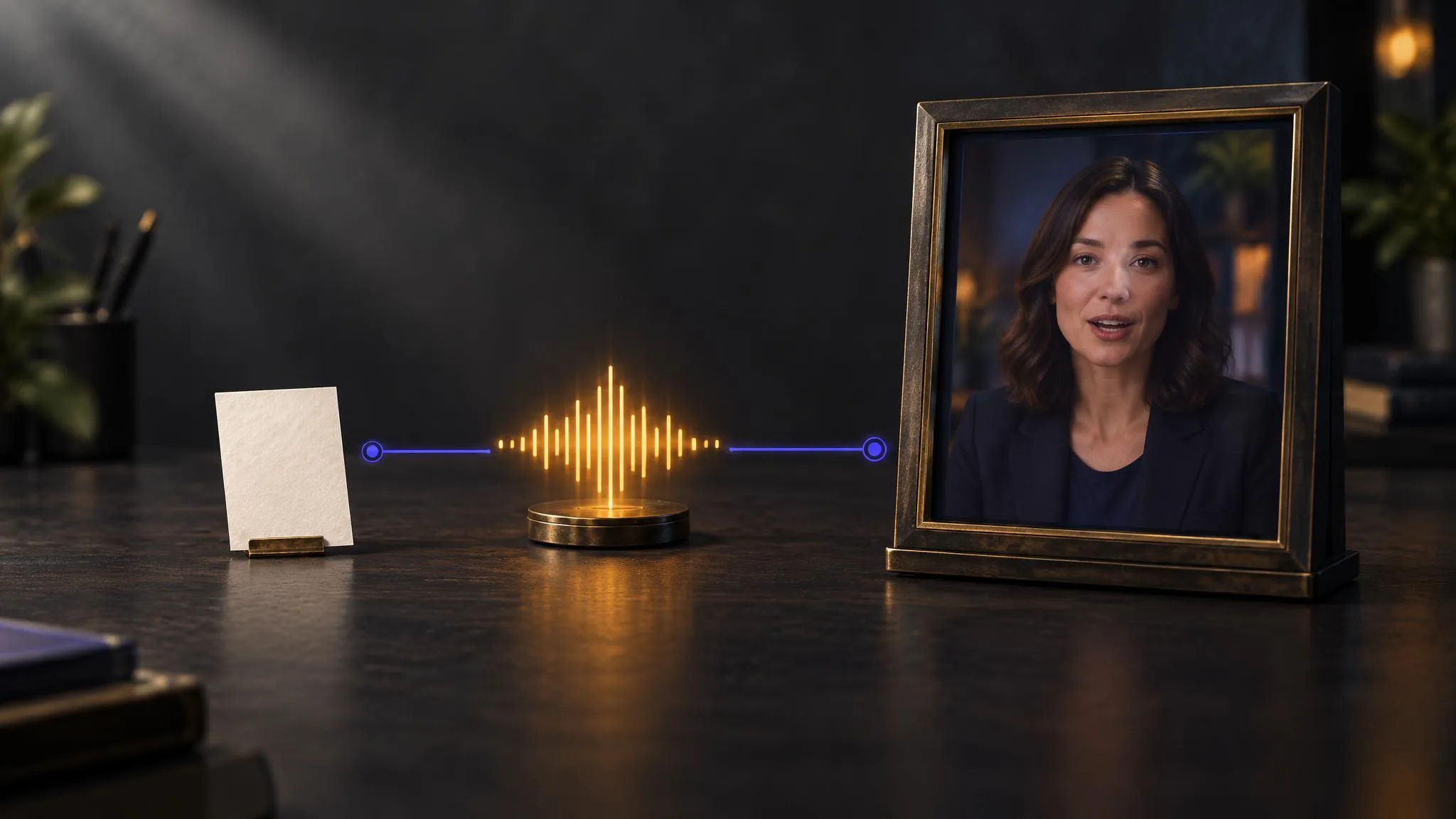Three stages on a dark desk joined by thin indigo lines: a small blank card, an amber sound wave rising from a brass plate, and a noticeably larger framed portrait of a person mid-sentence.