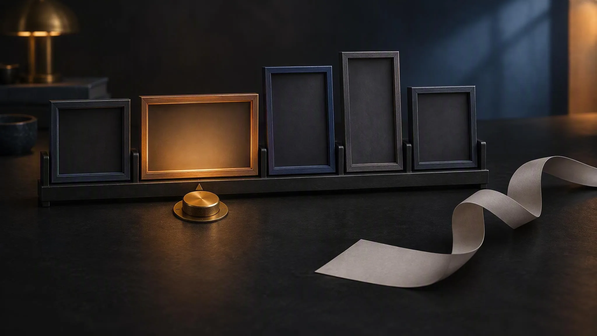 A rack of empty picture frames in square, wide and tall proportions stands on a dark desk; one wide frame glows warm amber, a small brass dial sits below the rack, and a blank paper ribbon curls unlit beside it.