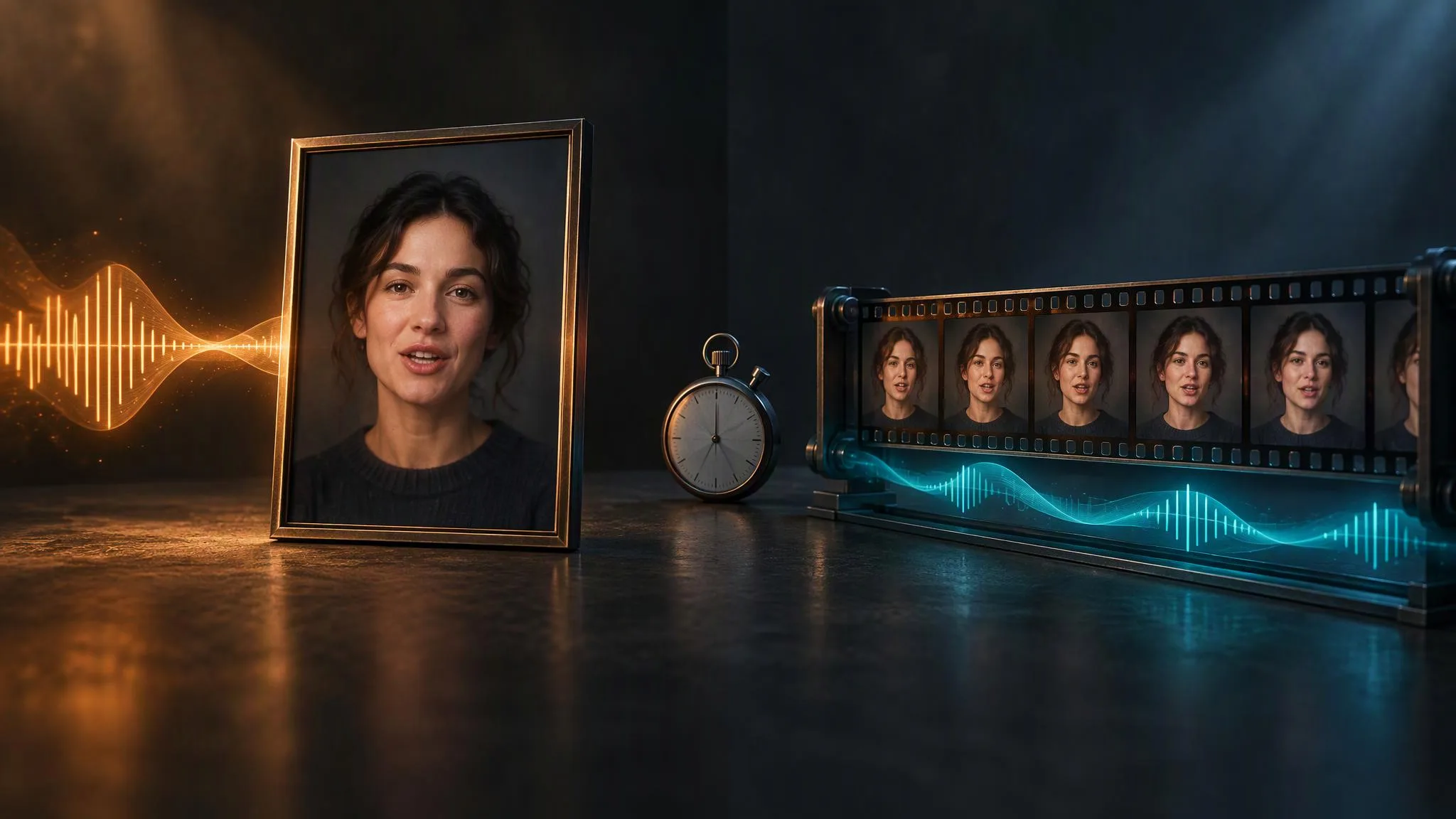 On the left a framed portrait stands in a dark studio while an amber waveform flows into it; on the right a strip of film frames of the same face runs along a rail with a teal waveform sliding underneath, and a stopwatch sits between them.