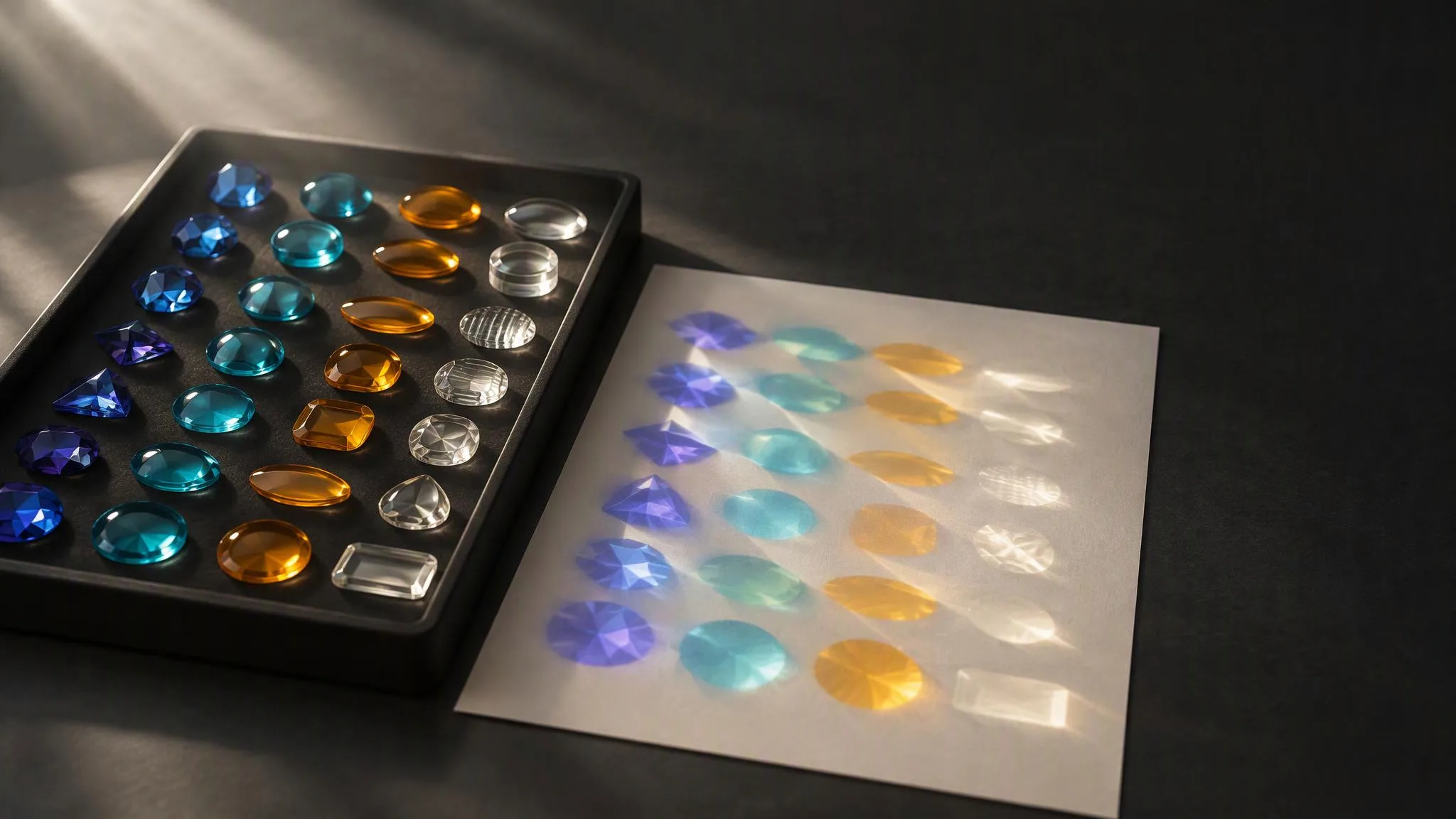 A dark tray holds rows of small glass lenses in indigo, teal, amber and clear glass, each casting its own colored patch of light onto a sheet of paper beside it.