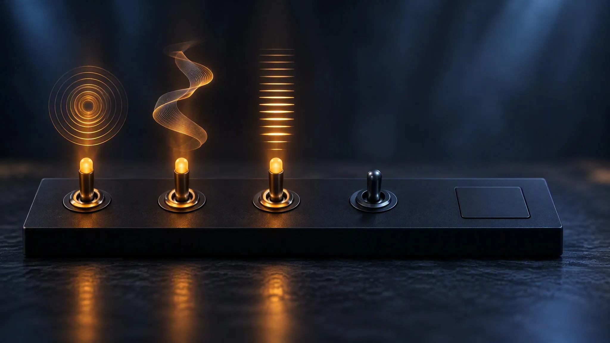 A row of toggle switches on a black console: three glow amber with a different shape of sound rising above each, one sits dark with nothing above it, and the last position is a blank plate with no switch at all.